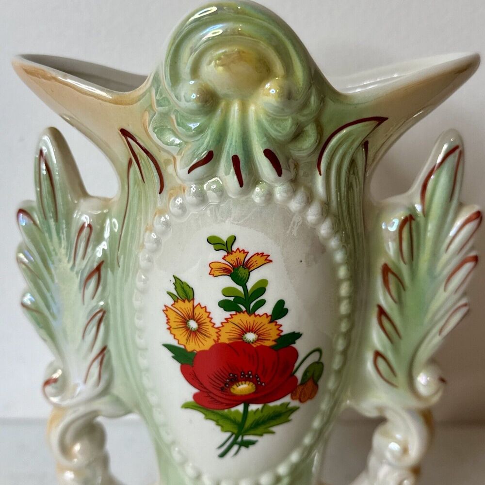 Floral Vase Lusterware Made in Brazil 1749 3D Effect Decor Green Yellow Vintage - Picture 5 of 8